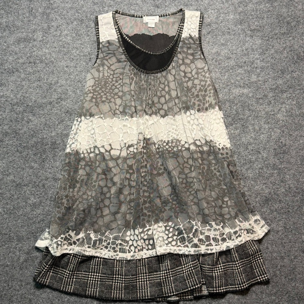KAMANA Mixed Media Plaid Lace Mesh Sleeveless Tunic Tank Top Grey Black XL